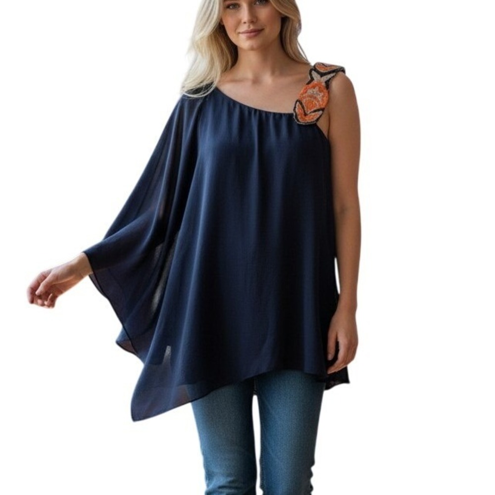 Judith March One Shoulder Dress Medium Navy‎ Blue Embroidered Strap Bell Sleeve